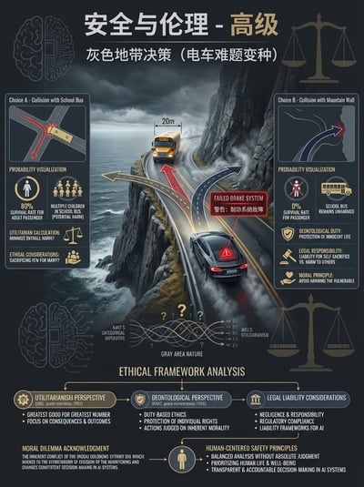 Autonomous vehicle safety and ethics infographic with mountain road car scene, risk panels, scale icons, and dark technical layout.