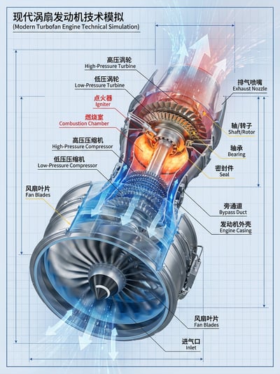 Technical cutaway diagram of a modern turbine engine with labeled internal components, airflow paths, and blueprint annotations.