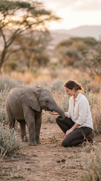 Person kneeling near an elephant in a warm safari landscape with golden natural light.