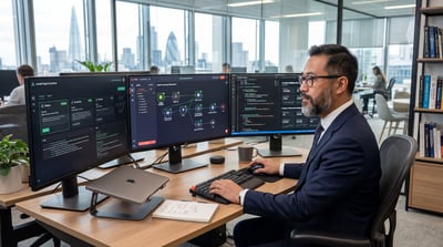 Suited professional working at a multi-monitor workstation with analytics dashboards and code in a modern office.