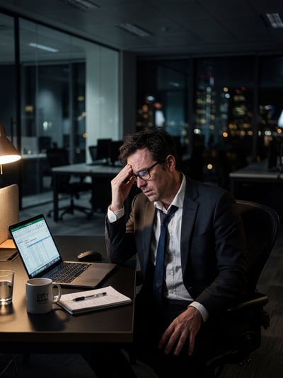 Tired business professional working late at a laptop in a dark office with city lights behind him.