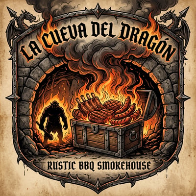 Rustic BBQ smokehouse logo for La Cueva del Dragon with stone cave entrance, smoke, flames, grilled meat, ornate border, and dark orange fantasy styling.
