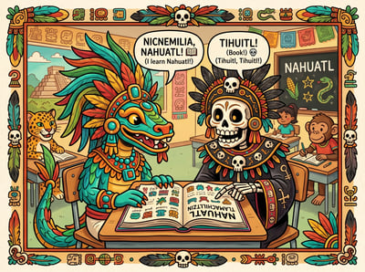 Colorful cartoon illustration of Quetzalcoatl and Mictlantecuhtli at a school desk learning Nahuatl with an open textbook, glyphs, speech bubbles, and Mesoamerican border.
