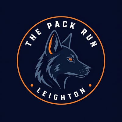 Circular The Pack Run Leighton running club logo with cool-toned dingo head, navy background, orange border, arched white text, and orange accent dots.