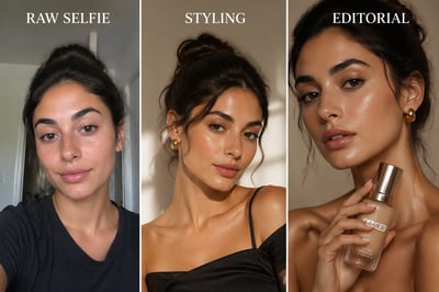 Three vertical panels showing a woman's transformation from a casual home selfie to a professional beauty advertisement holding a foundation