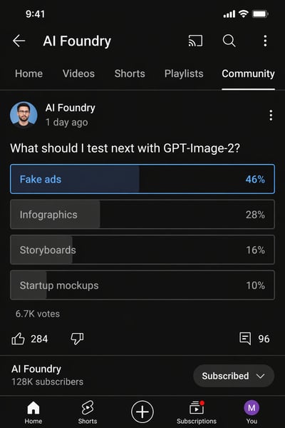 Mobile dark mode YouTube community poll mockup for AI Foundry showing four voting options, percentages, votes, likes, comments, subscribed button, and bottom navigation.