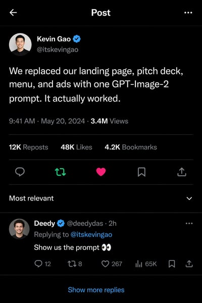 A dark-mode social media post screenshot from a verified user named Kevin Gao discussing a GPT prompt, showing millions of views and thousan