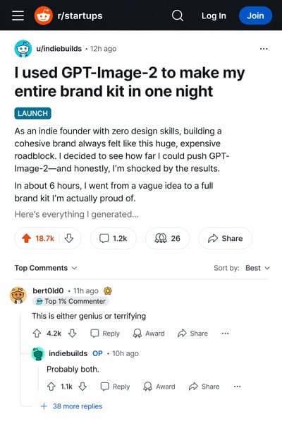 Screenshot of a Reddit thread in r/startups with 18.7k upvotes and a comment section showing nested replies.