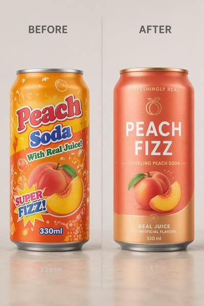 Before-and-after peach soda packaging redesign showing a cluttered orange generic can beside a premium Peach Fizz can with clean typography, peach illustration, and gold accents.