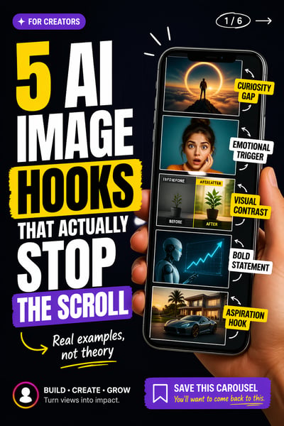 A hand holding a smartphone showing a list of AI image examples next to large bold text that reads 5 AI Image Hooks That Actually Stop The S