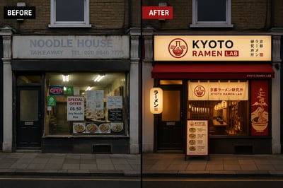 A split image showing a 'Before' view of a cluttered Noodle House and an 'After' view of a modern Kyoto Ramen Lab with red and cream brandin