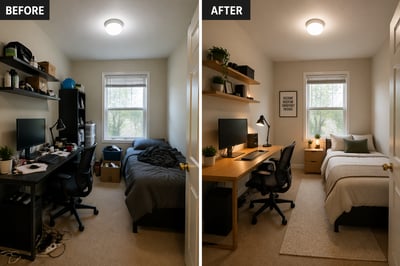 Split-screen comparison of a messy bedroom with dark furniture on the left and a clean minimalist studio with light wood furniture on the ri