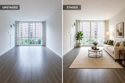 Side-by-side comparison of an empty apartment living room labeled Unstaged and a furnished version labeled Staged with a sofa and rug.