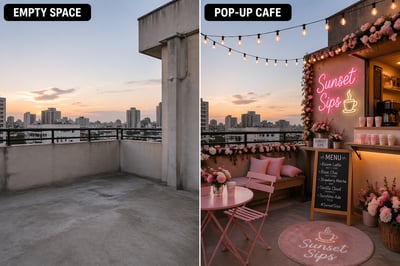 A split-screen image showing an empty concrete rooftop on the left and a decorated pink pop-up cafe with neon signs and flowers on the right