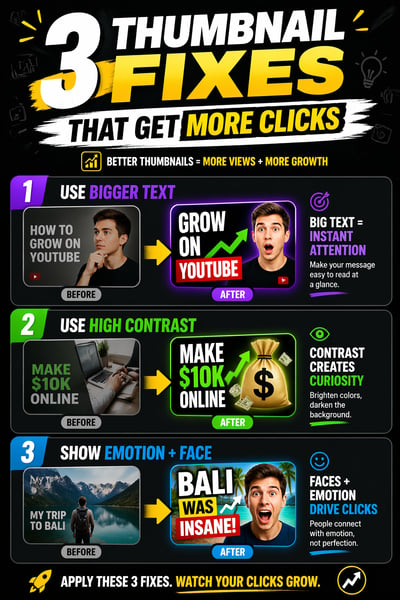 Infographic card titled '3 Thumbnail Fixes That Get More Clicks' showing three numbered tips with before and after image comparisons on a da