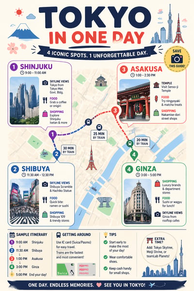 A vertical travel infographic for Tokyo featuring a map with a dashed route, photos of city landmarks, and a detailed daily schedule.