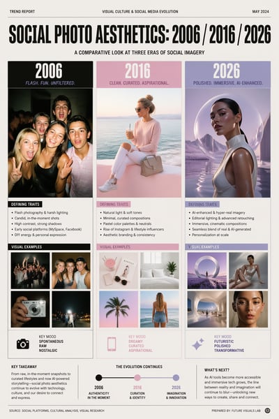 A vertical infographic comparing social media aesthetics from 2006, 2016, and 2026 with example photos, bulleted traits, and mood summaries