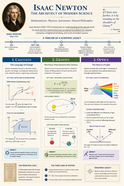 Educational infographic about Isaac Newton featuring a timeline, a portrait, and three columns explaining calculus, gravity, and optics with