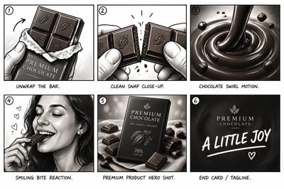 A six-frame grayscale storyboard for a chocolate commercial showing unwrapping, snapping, swirling chocolate, a person eating, a product sho