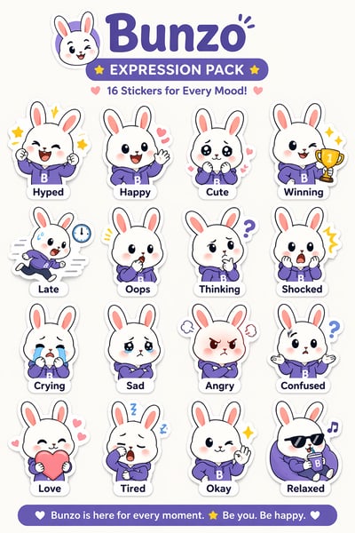 A sticker sheet of 16 white rabbit characters in purple hoodies showing different emotions like happy, sad, and angry, each with a text labe
