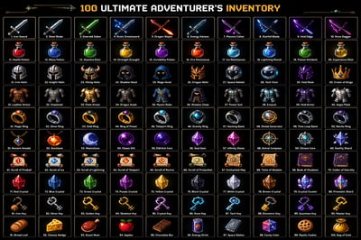 A 10 by 10 grid of 100 unique fantasy and sci-fi game icons with labels on a black background.