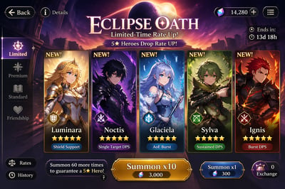 Mobile game UI showing five anime characters in a horizontal lineup with star ratings, role tags, and summon buttons under a banner titled E