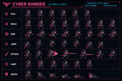 A 2D pixel art sprite sheet for a female cyber ranger character with rows for idle, walk, run, jump, attack, hurt, and death animations on a