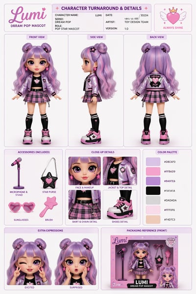 A character design sheet for a doll named Lumi, showing three full-body angles, accessory icons, facial expressions, and a color palette.