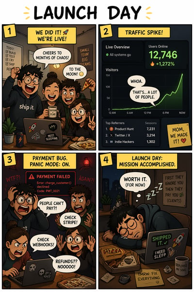 A four-panel comic strip titled Launch Day showing a team celebrating, a traffic dashboard, a payment error panic, and an exhausted founder
