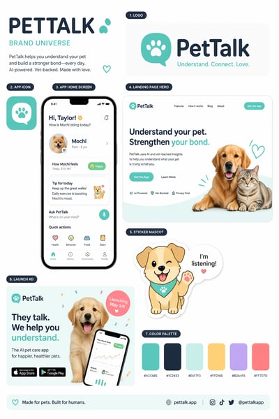 A brand identity board for PetTalk showing a mobile app interface, a teal paw-print logo, a puppy mascot, and a color palette with hex codes