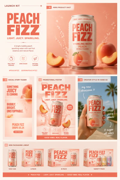 A marketing campaign board for Peach Fizz sparkling water featuring a product hero shot, social media teasers, a promotional poster, a lifes