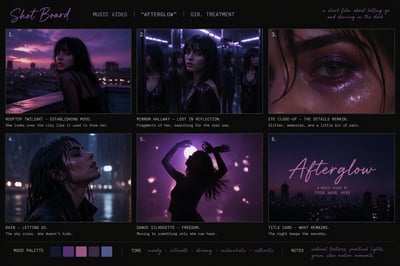 A six-frame storyboard for a music video featuring a woman in various cinematic settings including a rooftop, a mirror room, and a rain scen