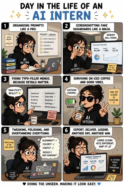 Six-panel vertical comic titled 'Day in the Life of an AI Intern' showing a character organizing prompts, fixing typos, and exporting report
