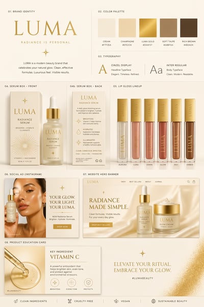 A brand identity sheet for LUMA beauty featuring skincare bottles, lip glosses, a website banner, and a social media ad in cream and gold to