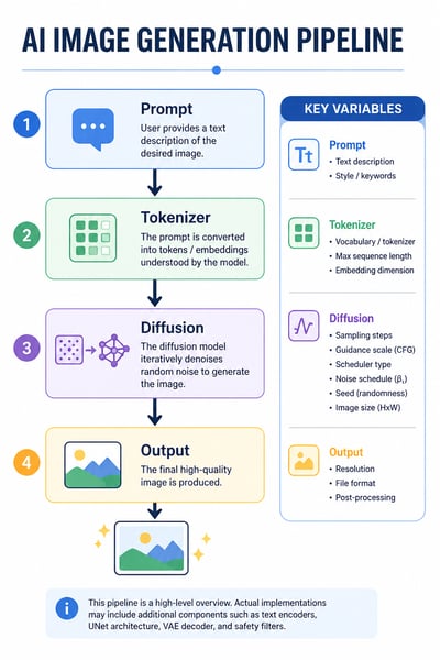 A vertical technical flowchart titled AI Image Generation Pipeline with four numbered steps and a side panel for key variables.