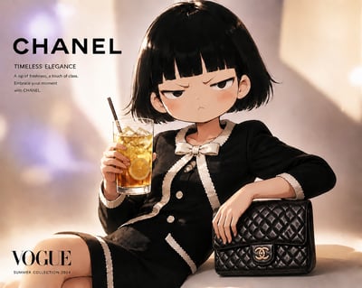 Editorial luxury handbag advertisement with an anime-inspired girl holding a drink and a compact quilted black handbag, warm boutique lighting, and elegant fashion magazine typography.