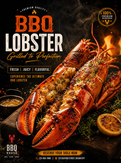 Grilled lobster on a dark wooden board with herbs and lemon, featuring bold BBQ Lobster text and warm amber lighting.