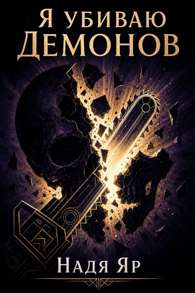 A dark purple and black book cover showing a skull being split diagonally by a glowing golden geometric chainsaw, with fragments flying outw