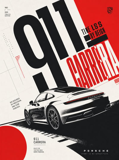 Graphic design poster for a Porsche 911 Carrera featuring massive black and red typography, a high-contrast car illustration, and a geometri
