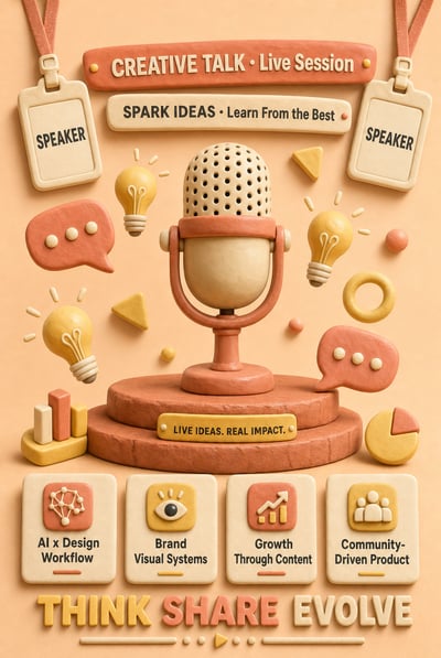 3D clay-style poster for a creative talk featuring a central microphone, floating lightbulbs, speaker badges, and session icons in peach and