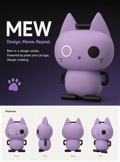A lavender geometric cat toy on a purple gradient poster with a multiview turnaround grid showing front, side, back, and 45-degree angles.