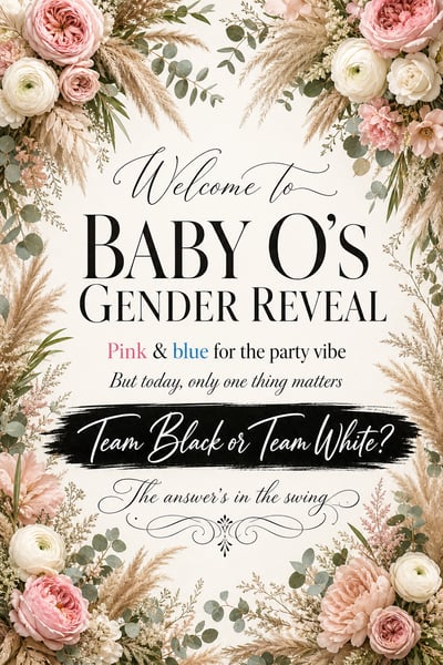Vertical luxury gender reveal poster with cream background, pink and white floral corners, and elegant black typography.