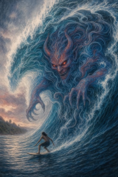 A surfer on a surfboard rides a giant blue wave that takes the shape of a horned devil with glowing red eyes and sharp claws.
