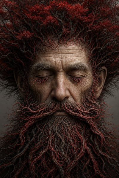Close-up portrait of an old man with eyes closed, featuring hair made of red autumn trees and a beard made of tangled red and black roots.