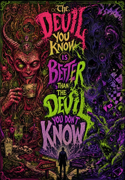 A psychedelic poster with a red horned devil on the left and a dark purple void on the right, separated by large melting neon text.