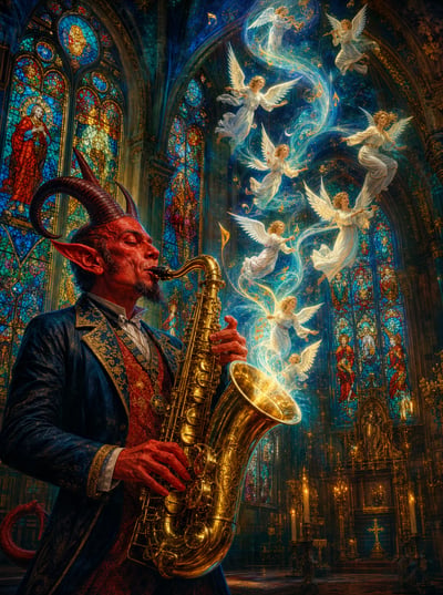 A red-skinned devil in a blue coat plays a golden saxophone inside a cathedral while miniature angels emerge from the instrument in a swirl