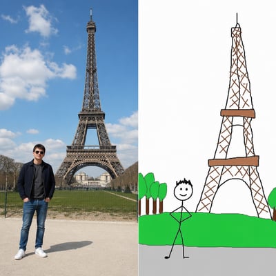 A split image showing a man in front of the Eiffel Tower on the left and a crude stick-figure drawing of the same scene on the right.