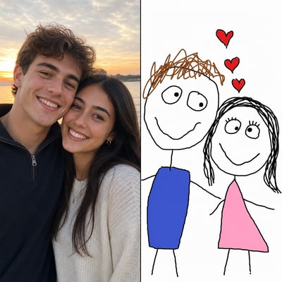 A split screen showing a realistic photo of a smiling couple at sunset on the left and a crude MS Paint drawing of the same couple as stick