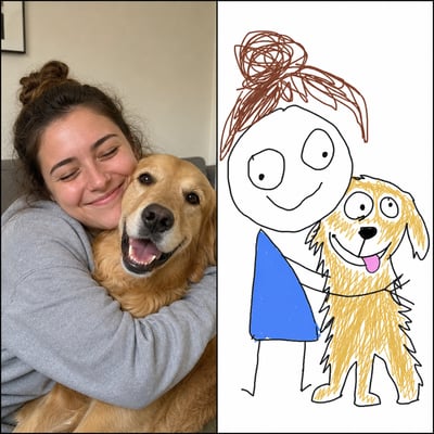 A split image showing a woman hugging a golden retriever in a real photo on the left and a crude stick-figure drawing of the same scene on t