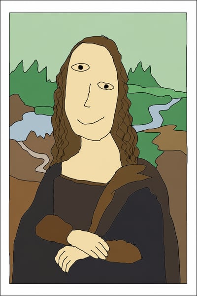 Crude digital drawing of the Mona Lisa in MS Paint style with lopsided features and flat colors.